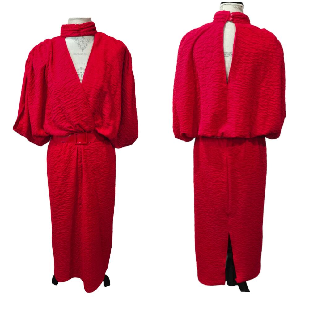 Vintage Frederick's of Hollywood Red Crinkled Belted Maxi Dress Turtleneck Style